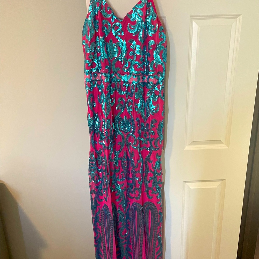 L&B Sequin Hot Pink & Turquoise Formal Dress